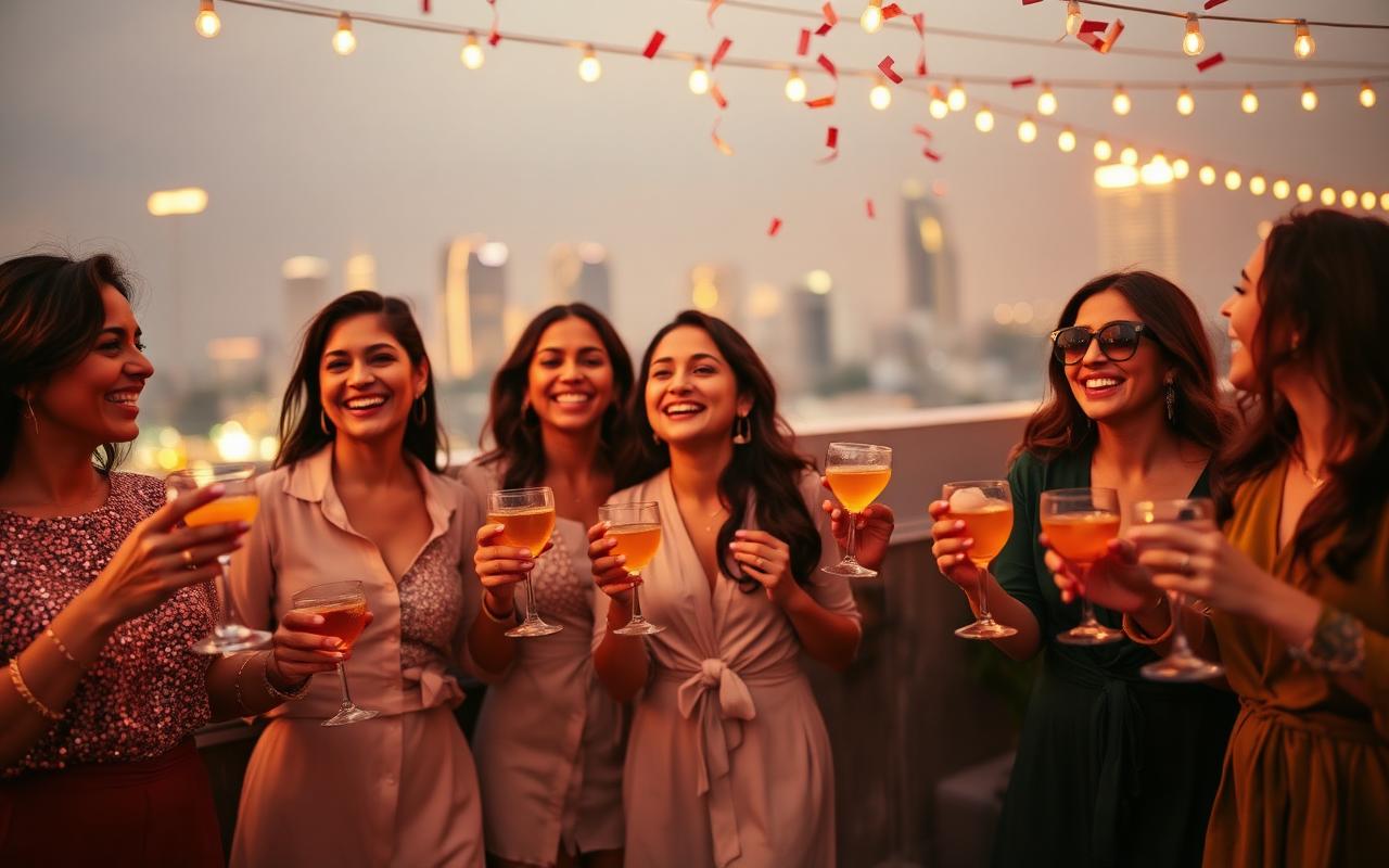 A joyful group of single moms celebrating at a rooftop party with city lights